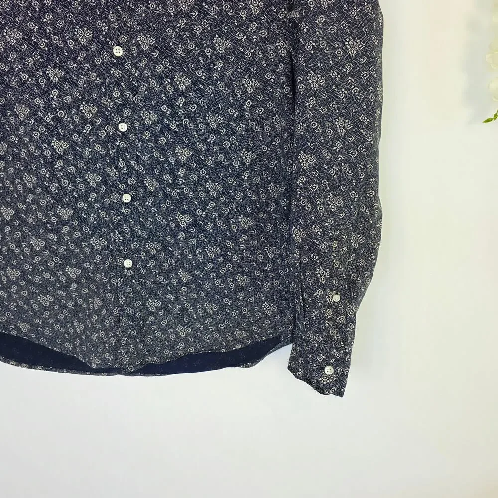 J.Crew Secret Wash Shirt Slim Medium Blue Floral Organic Cotton Preppy Long Slee
